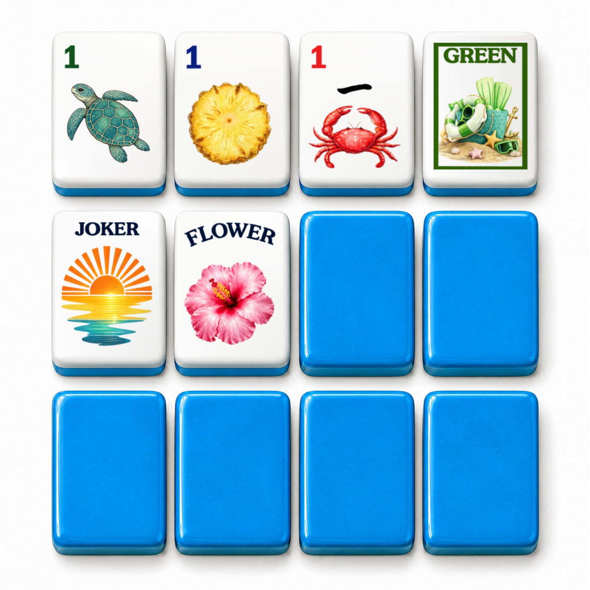 Beach mahjong tile faces beside blue tile backs: 1 Bam, 1 Dot, 1 Crak, Green dragon, Joker and Flower