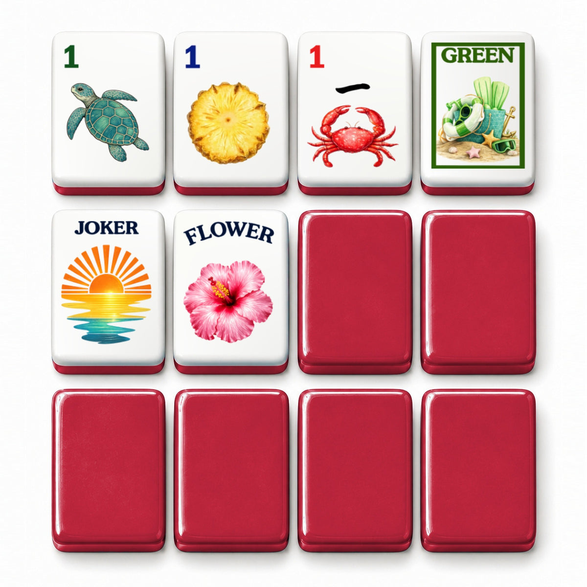 Beach mahjong tile faces beside deep red tile backs: 1 Bam, 1 Dot, 1 Crak, Green dragon, Joker and Flower
