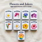Eight Beach flower tiles: daisy, bougainvillea, hydrangea, orchid, bird of paradise, plumeria, two hibiscus. Sunset Joker.