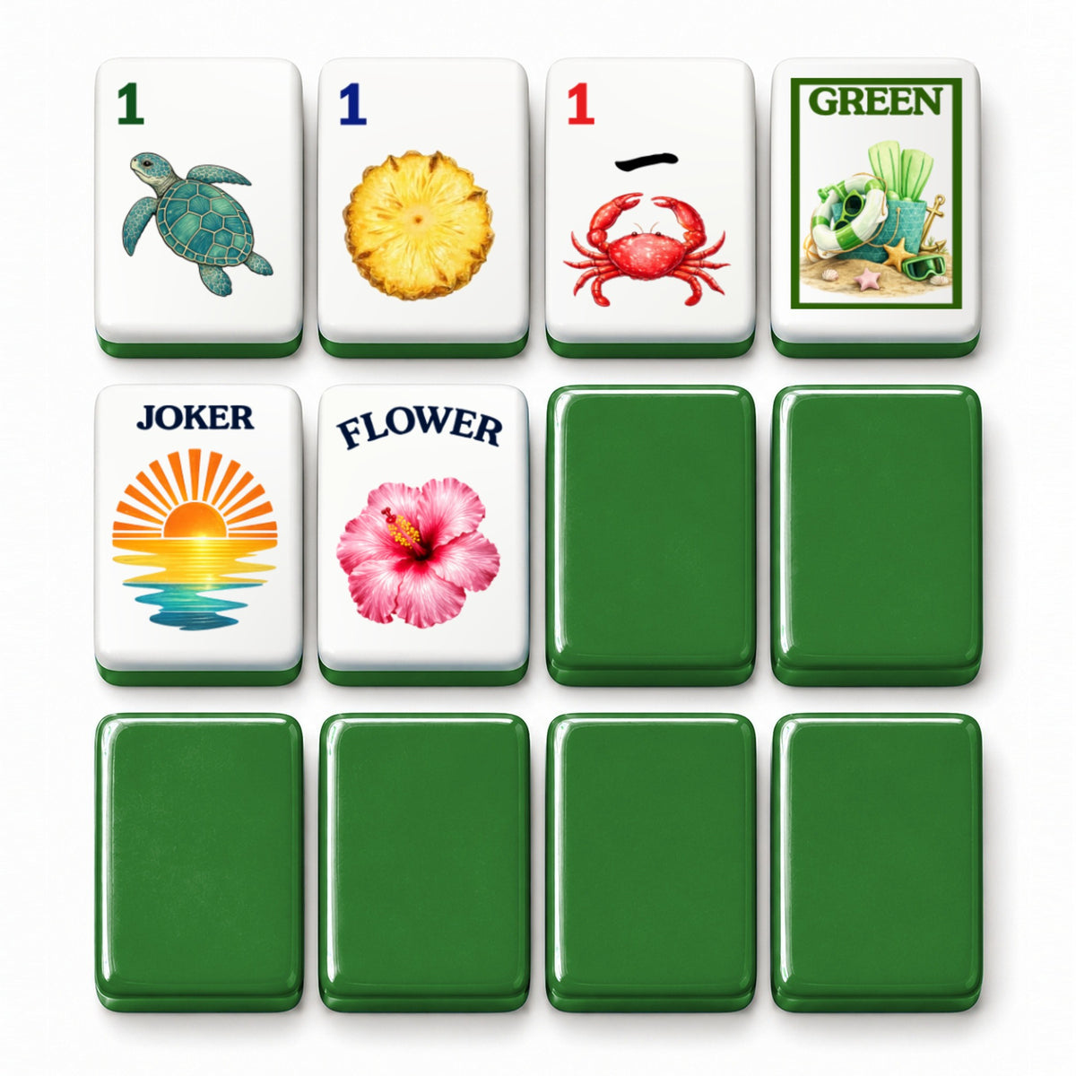Beach mahjong tile faces beside green tile backs: 1 Bam, 1 Dot, 1 Crak, Green dragon, Joker and Flower