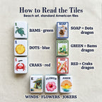 Key chart for Beach mahjong: green Bams, blue Dots, red Craks, Soap, Green and Red dragons, E wind, Flower, Joker