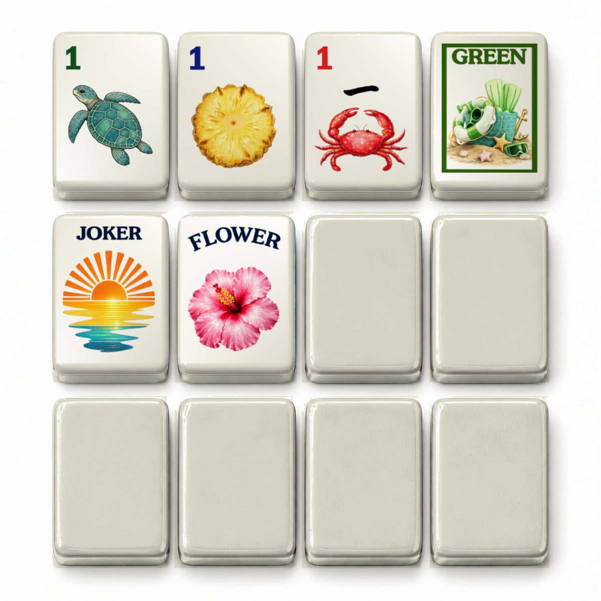 Beach mahjong tile faces beside ivory white tile backs: 1 Bam, 1 Dot, 1 Crak, Green dragon, Joker and Flower