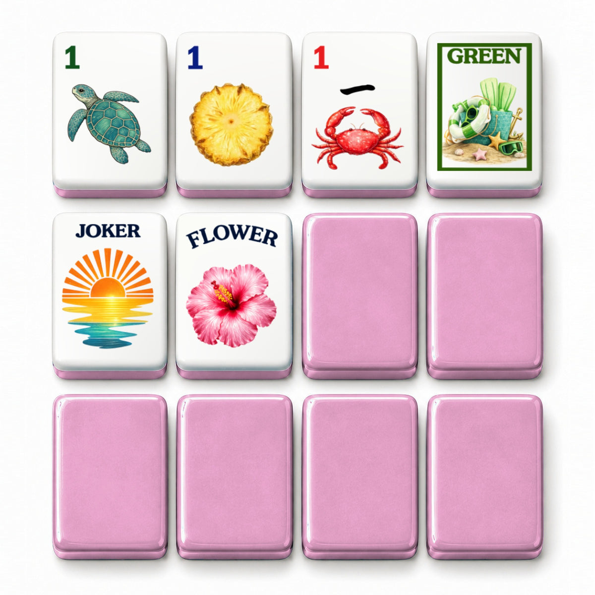 Beach mahjong tile faces beside pink tile backs: 1 Bam, 1 Dot, 1 Crak, Green dragon, Joker and Flower