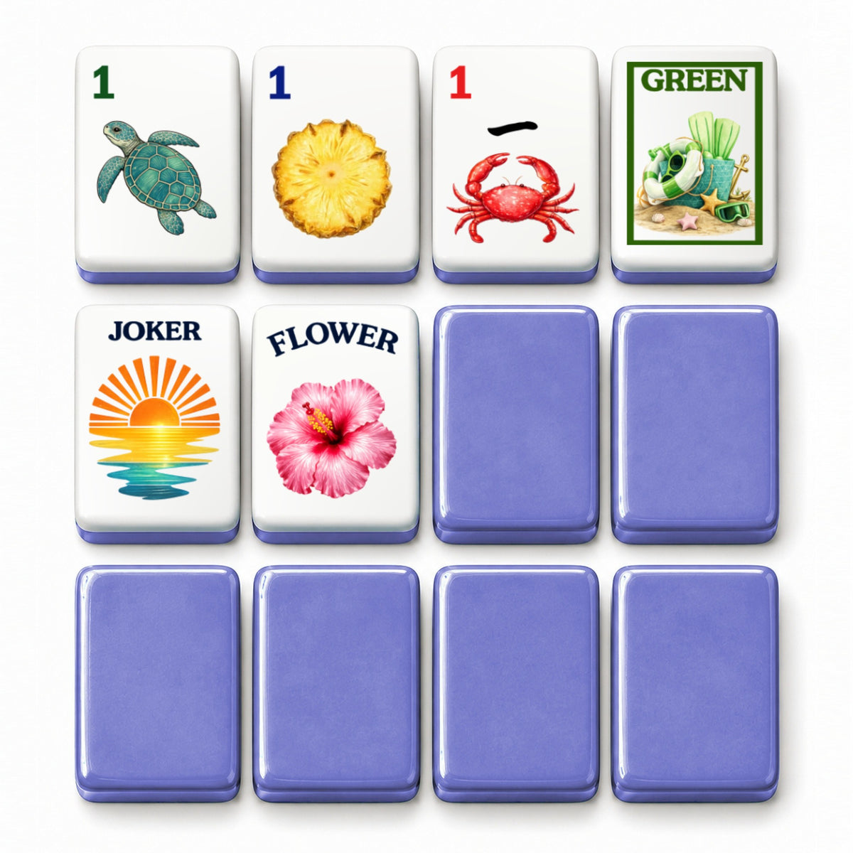 Beach mahjong tile faces beside purple tile backs: 1 Bam, 1 Dot, 1 Crak, Green dragon, Joker and Flower