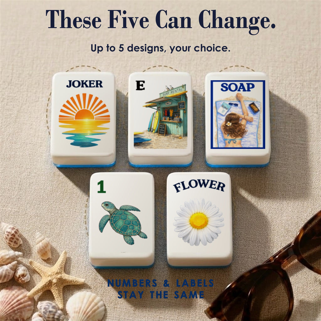 Five customizable Beach tiles circled: sunset Joker, surf shack E, sunbather SOAP, turtle 1 Bam, daisy Flower