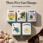 Five customizable Beach tiles circled: sunset Joker, surf shack E, sunbather SOAP, turtle 1 Bam, daisy Flower