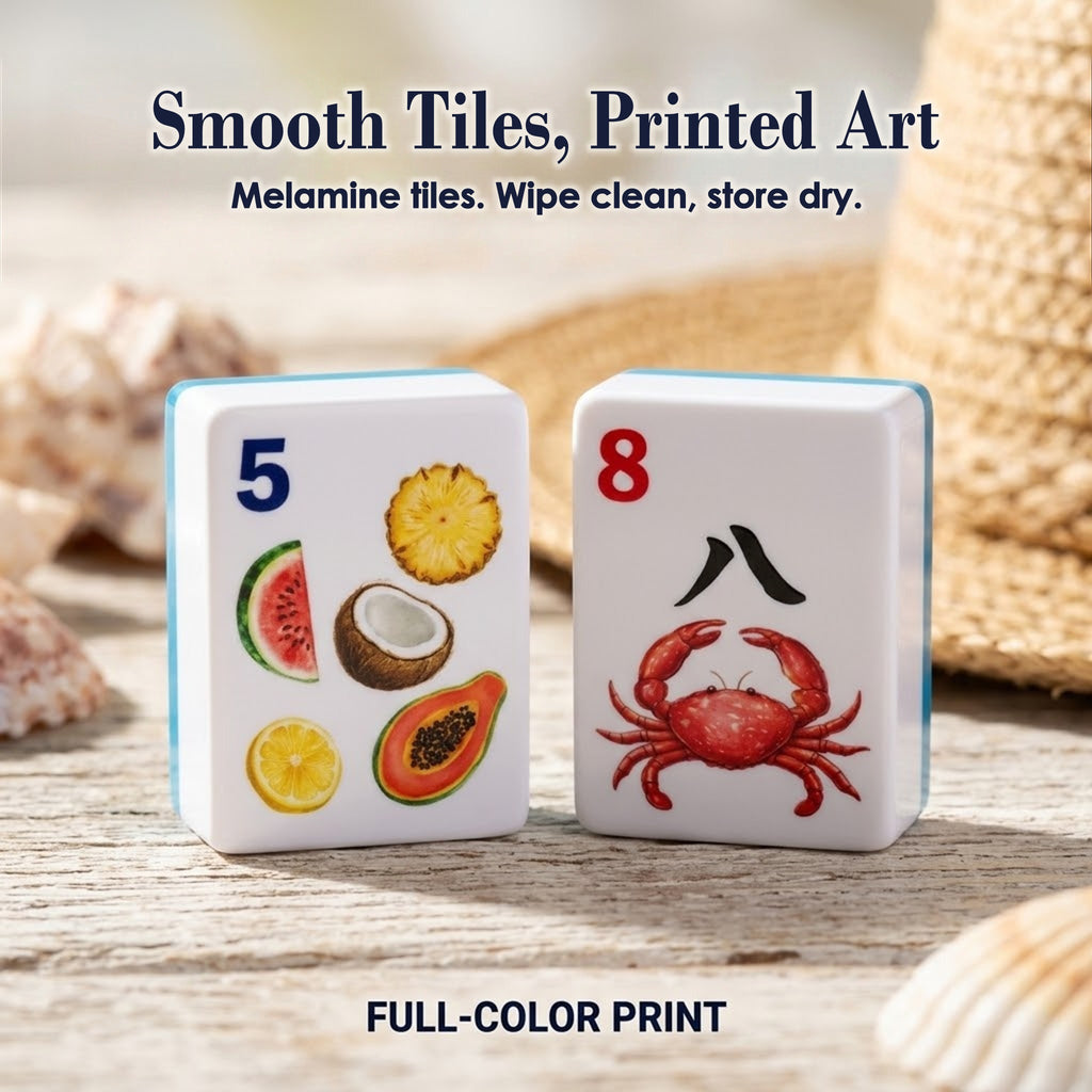 Close-up of a tropical-fruit 5 Dot and a crab 8 Crak tile with smooth surface and full-color printed art