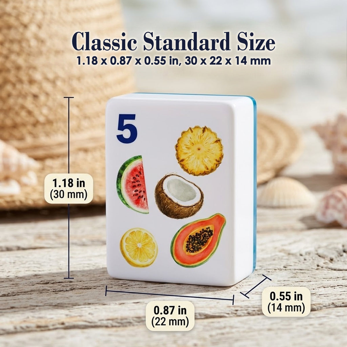 Tropical-fruit 5 Dot tile with size marks: 1.18 x 0.87 x 0.55 in (30 x 22 x 14 mm)