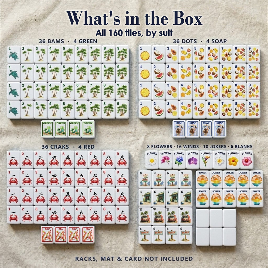 Full 160-tile Beach mahjong set: tropical-fruit Dots, palm Bams, crab Craks, winds, dragons, flowers, 10 jokers, 6 blanks