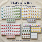 Full 160-tile Beach mahjong set: tropical-fruit Dots, palm Bams, crab Craks, winds, dragons, flowers, 10 jokers, 6 blanks