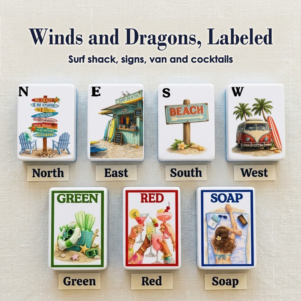 Beach winds and dragons: signpost N, surf shack E, beach sign S, van W, beach bag GREEN, cocktails RED, sunbather SOAP