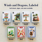 Beach winds and dragons: signpost N, surf shack E, beach sign S, van W, beach bag GREEN, cocktails RED, sunbather SOAP