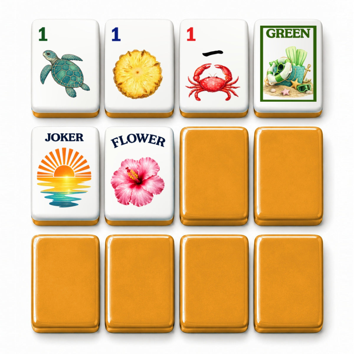 Beach mahjong tile faces beside amber yellow tile backs: 1 Bam, 1 Dot, 1 Crak, Green dragon, Joker and Flower