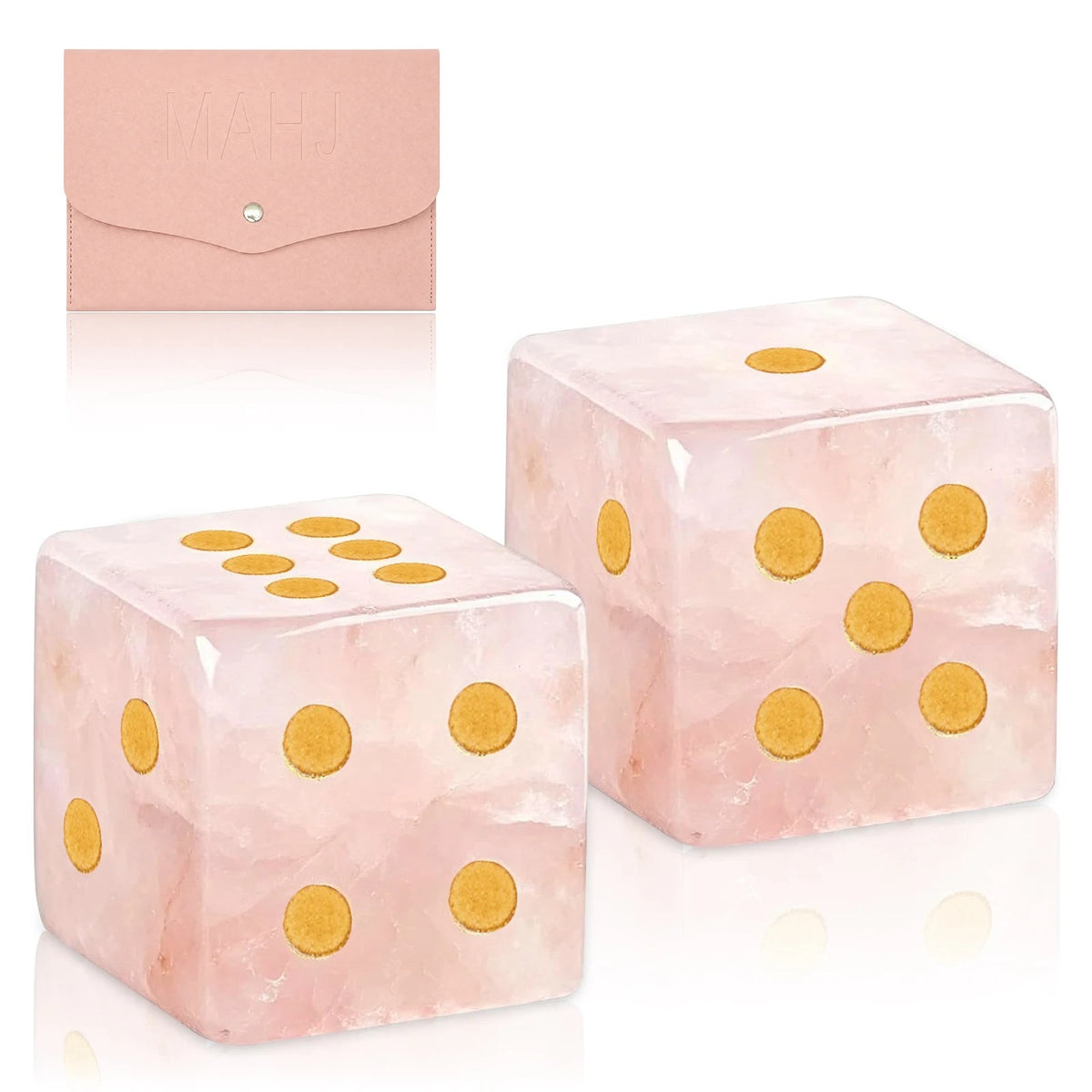Two pink marbled dice with gold pips in front of their pink pouch