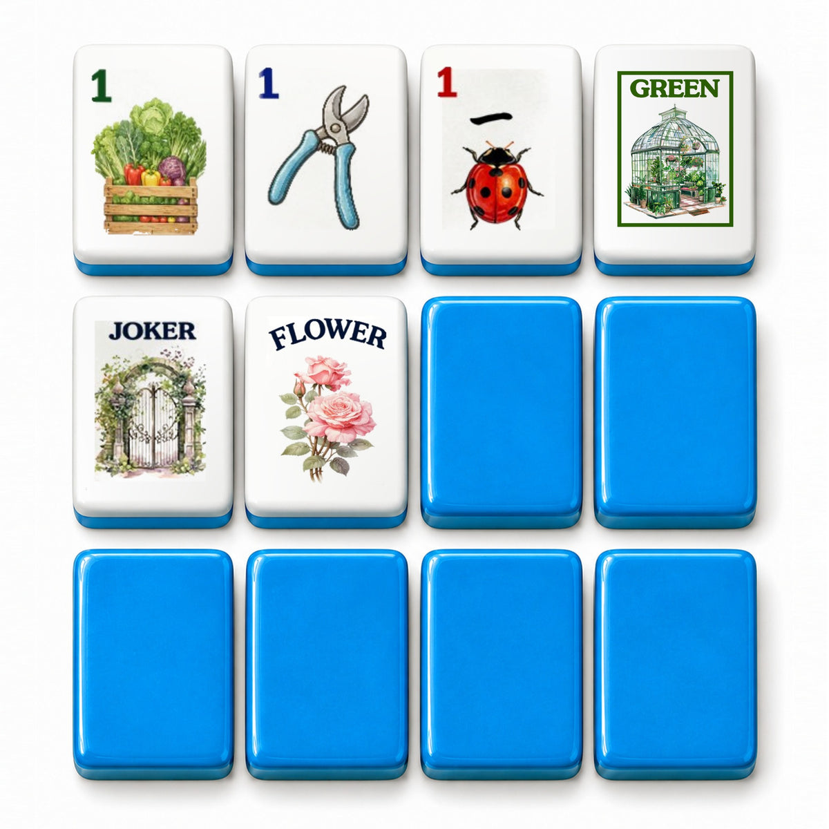 Garden mahjong tile faces beside blue tile backs: 1 Bam, 1 Dot, 1 Crak, Green dragon, Joker and Flower