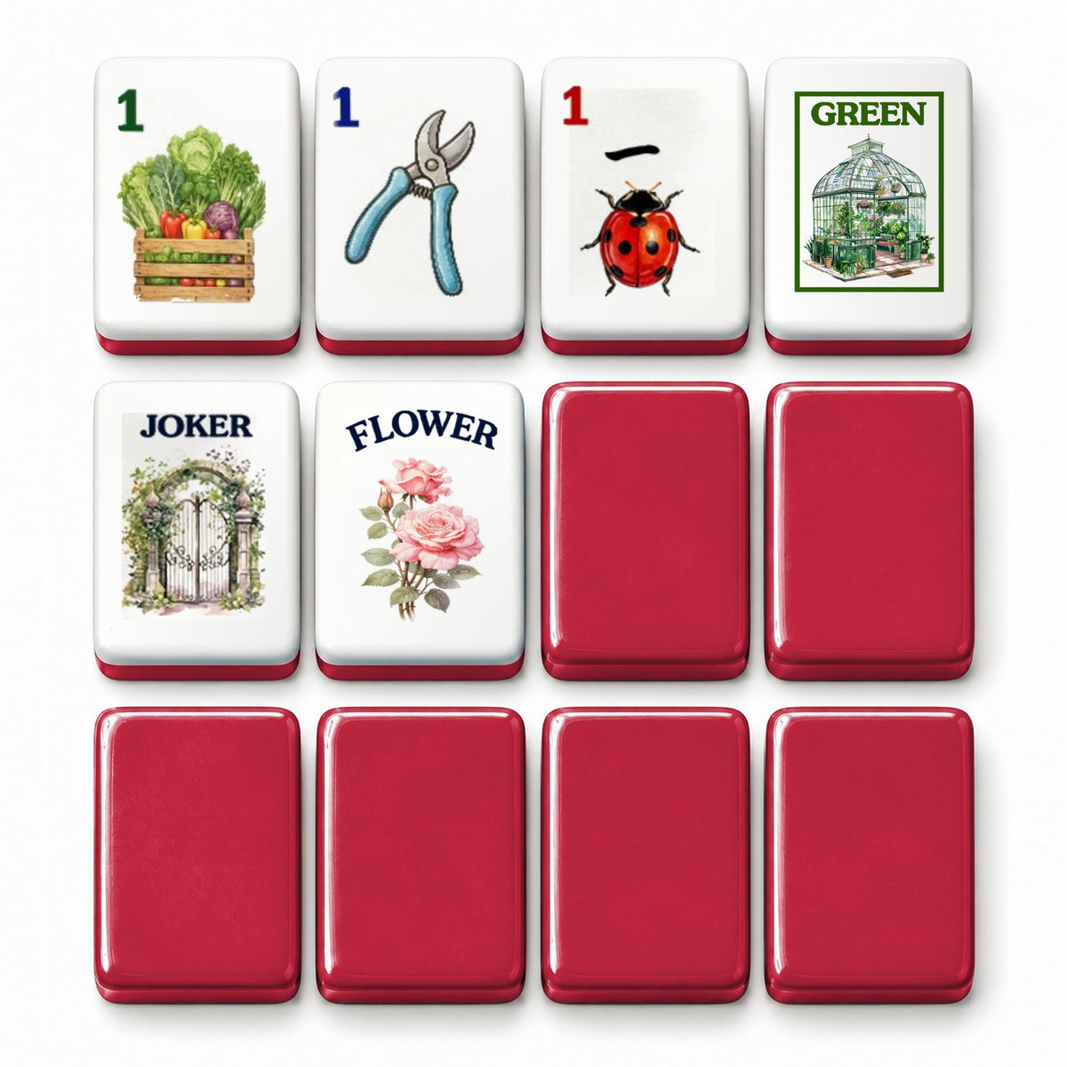 Garden mahjong tile faces beside deep red tile backs: 1 Bam, 1 Dot, 1 Crak, Green dragon, Joker and Flower