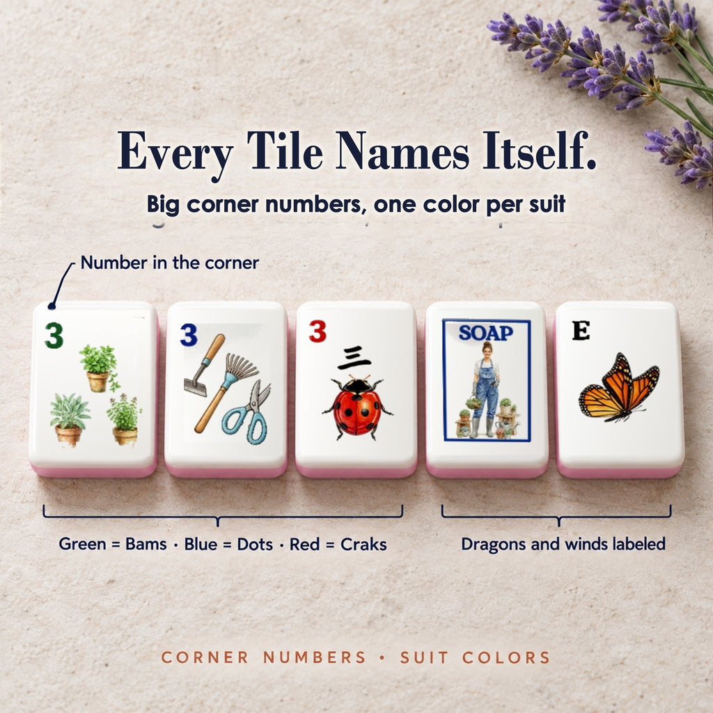 Garden mahjong tiles with corner numbers: green 3 Bam, blue 3 Dot, red 3 Crak, gardener SOAP, butterfly East wind