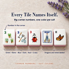 Garden mahjong tiles with corner numbers: green 3 Bam, blue 3 Dot, red 3 Crak, gardener SOAP, butterfly East wind