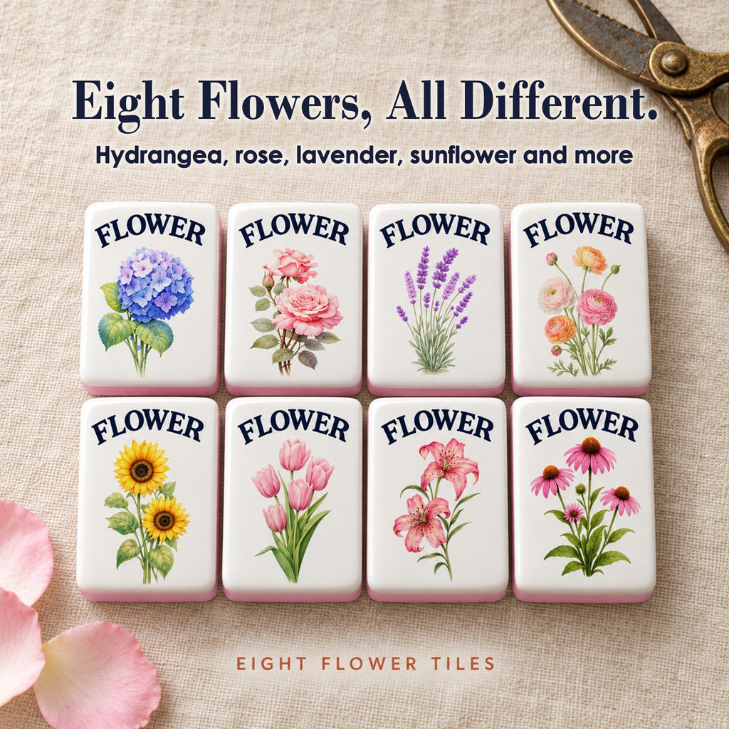 Eight different Garden flower tiles: hydrangea, rose, lavender, ranunculus, sunflower, tulip, lily, coneflower