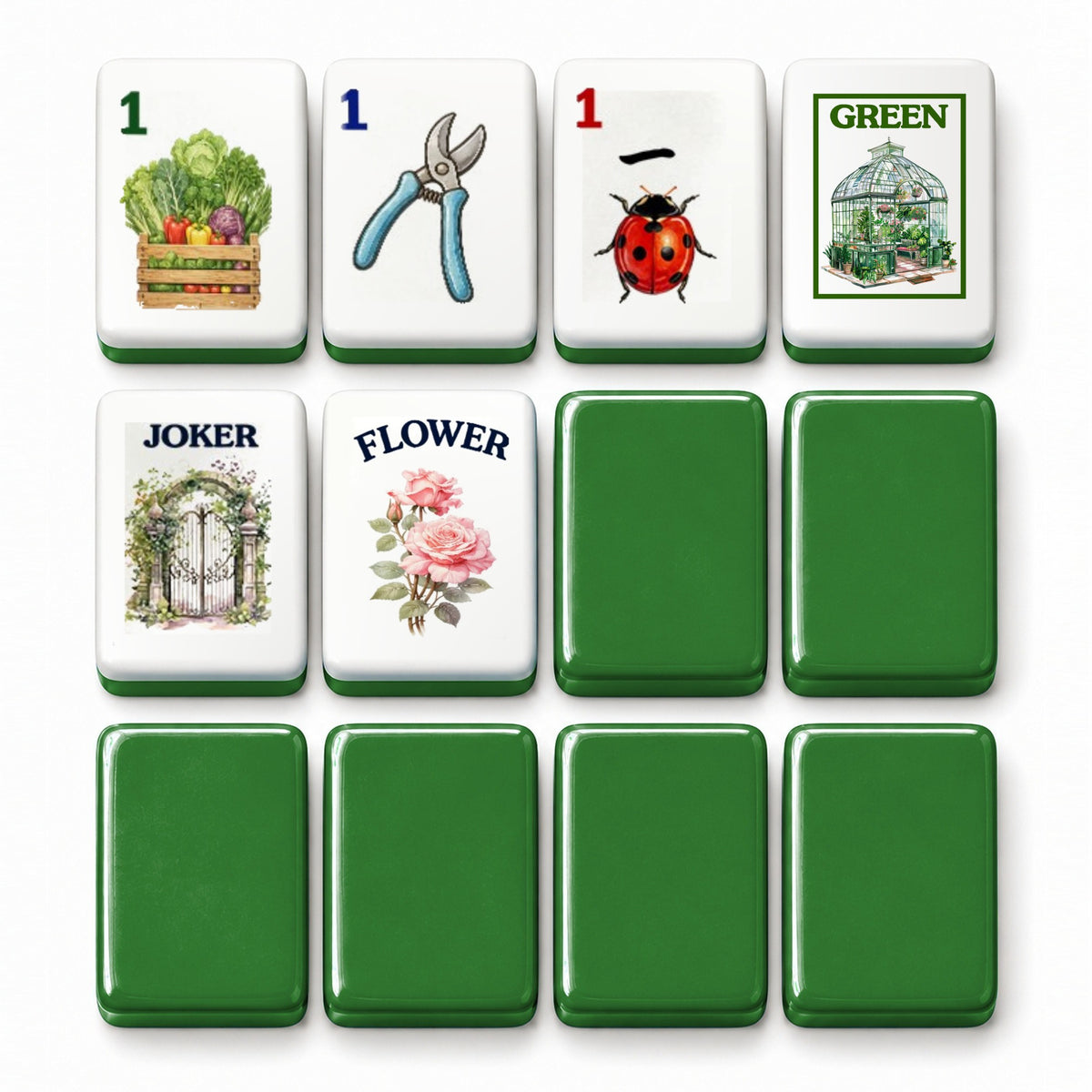 Garden mahjong tile faces beside green tile backs: 1 Bam, 1 Dot, 1 Crak, Green dragon, Joker and Flower