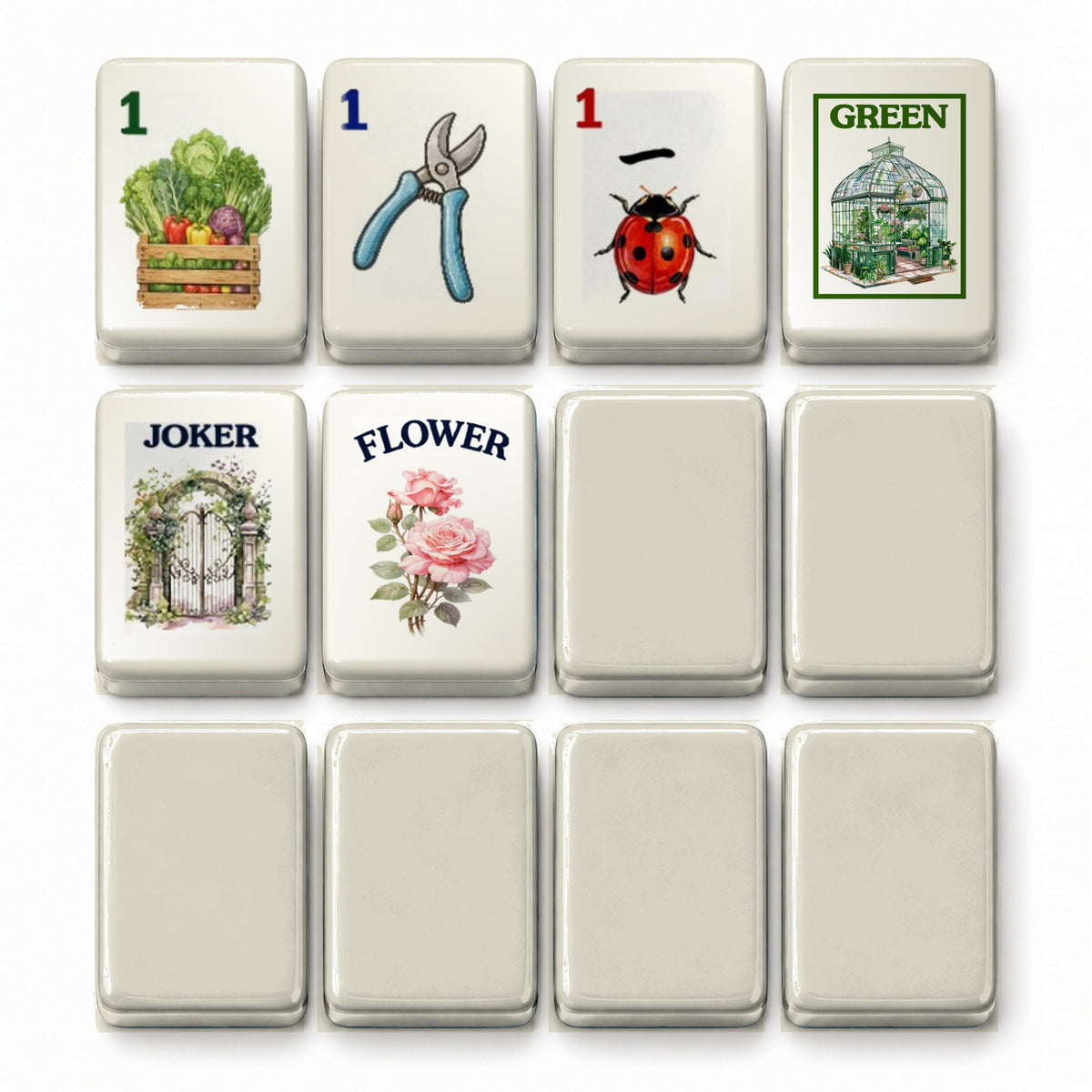 Garden mahjong tile faces beside ivory white tile backs: 1 Bam, 1 Dot, 1 Crak, Green dragon, Joker and Flower