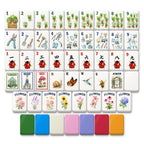 Garden mahjong tiles: tool Dots, herb Bams, ladybug Craks, dragons, winds, Joker, Flowers, 7 back colors. Digital mockup.