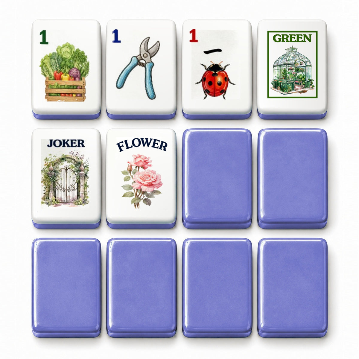 Garden mahjong tile faces beside purple tile backs: 1 Bam, 1 Dot, 1 Crak, Green dragon, Joker and Flower