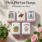 Five customizable Garden tiles circled: garden gate Joker, butterfly E, gardener SOAP, vegetable crate 1 Bam, rose Flower