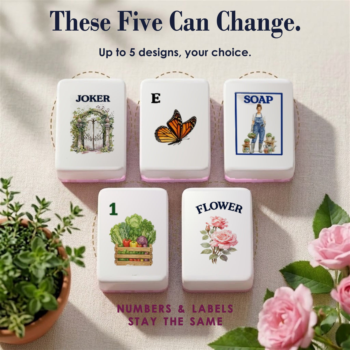 Five customizable Garden tiles circled: garden gate Joker, butterfly E, gardener SOAP, vegetable crate 1 Bam, rose Flower