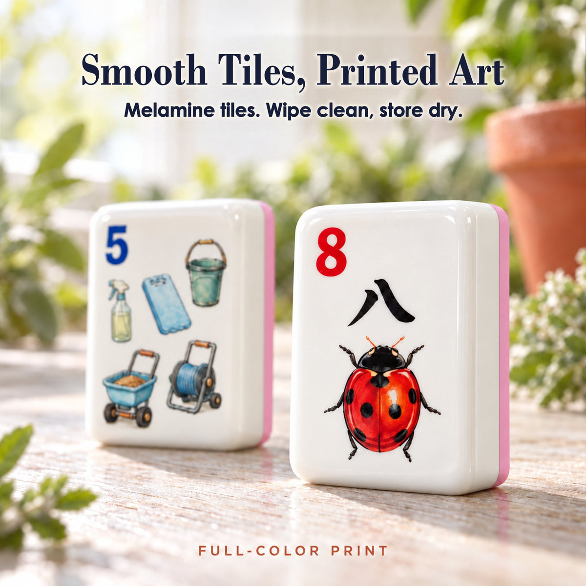 Close-up of a garden-tool 5 Dot and a ladybug 8 Crak tile with smooth surface and full-color printed art