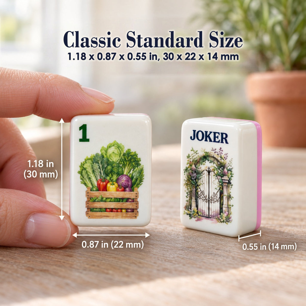 Hand holding a vegetable crate 1 Bam tile beside a garden gate Joker, sized 1.18 x 0.87 x 0.55 in (30 x 22 x 14 mm)