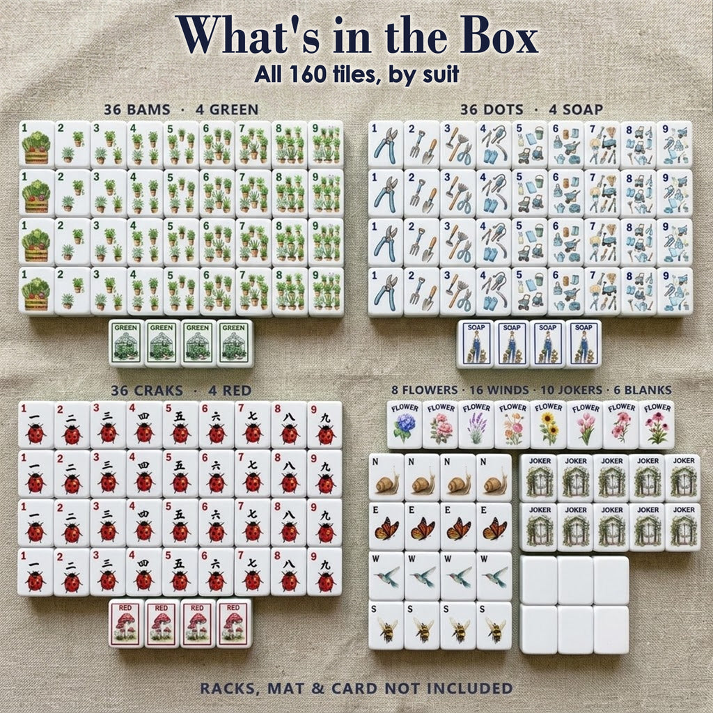 Full 160-tile Garden mahjong set: garden-tool Dots, herb Bams, ladybug Craks, winds, dragons, flowers, 10 jokers, 6 blanks