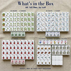 Full 160-tile Garden mahjong set: garden-tool Dots, herb Bams, ladybug Craks, winds, dragons, flowers, 10 jokers, 6 blanks
