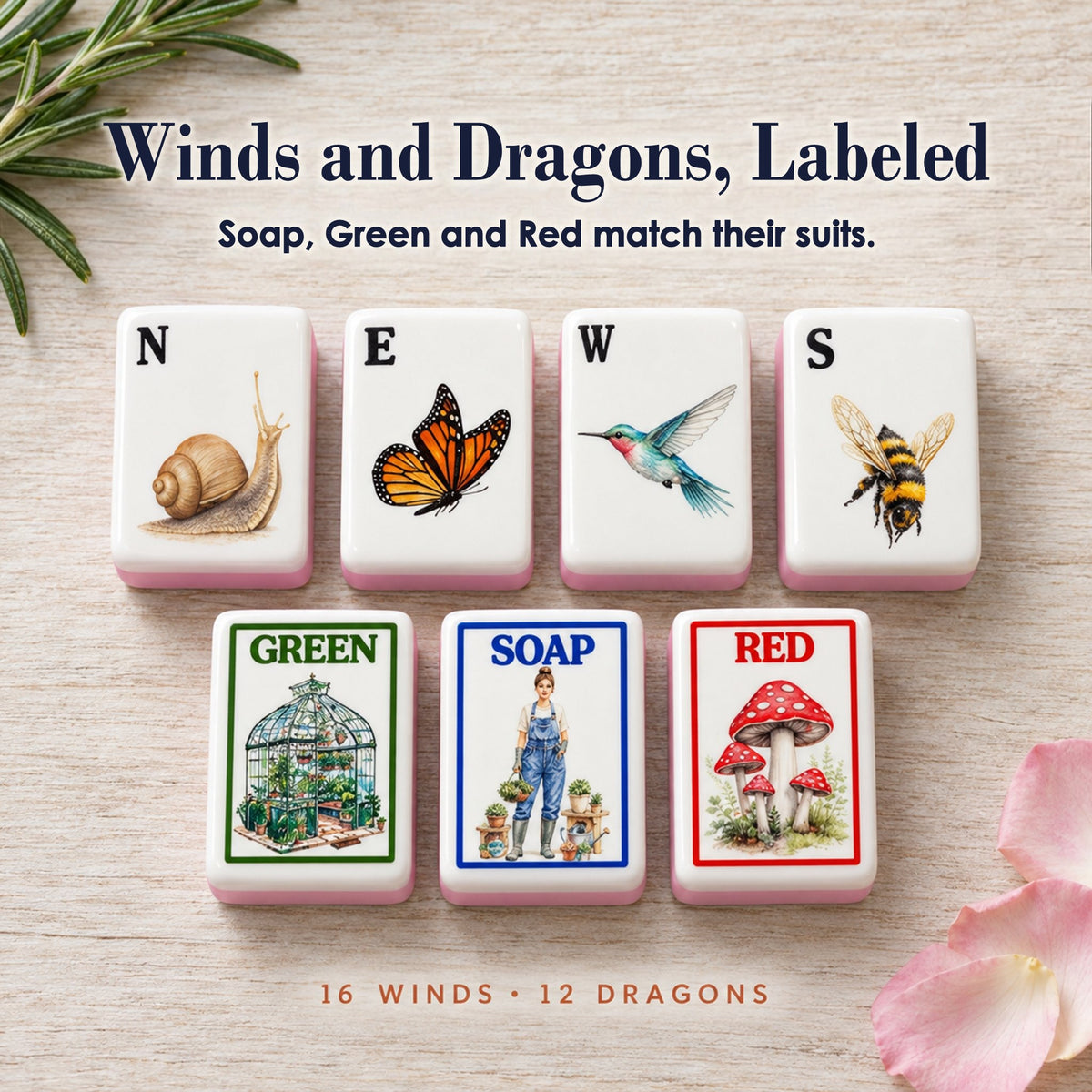 Garden winds and dragons: snail N, butterfly E, hummingbird W, bee S, greenhouse GREEN, gardener SOAP, mushroom RED