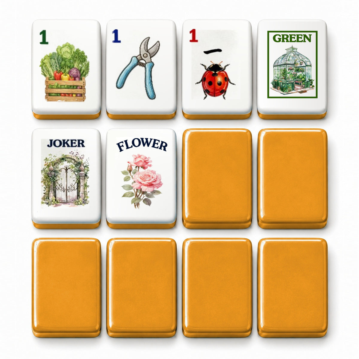 Garden mahjong tile faces beside amber yellow tile backs: 1 Bam, 1 Dot, 1 Crak, Green dragon, Joker and Flower