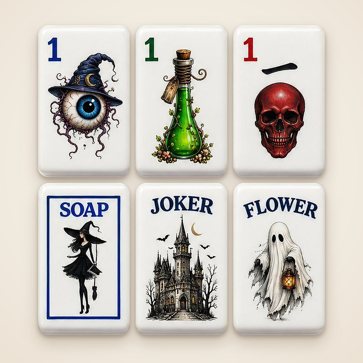 Six Gothic Halloween mahjong tiles: eyeball 1 Dot, potion 1 Bam, skull 1 Crak, Soap, Joker and Flower. Digital mockup.