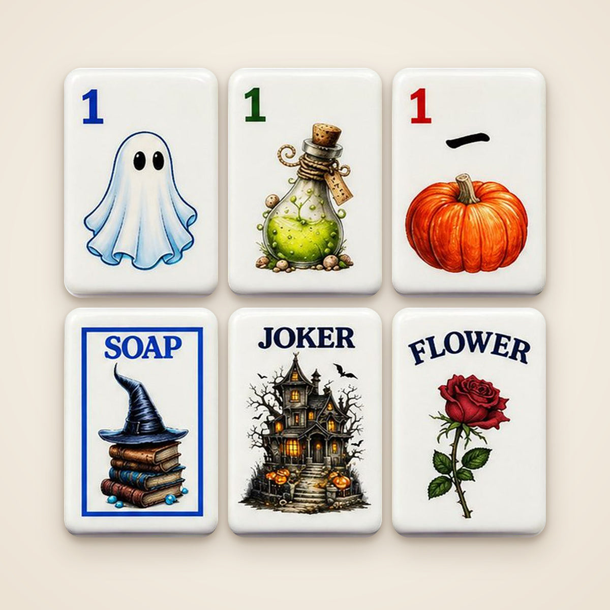 Six Halloween mahjong tiles: ghost 1 Dot, potion 1 Bam, pumpkin 1 Crak, Soap, Joker and rose Flower. Digital mockup.