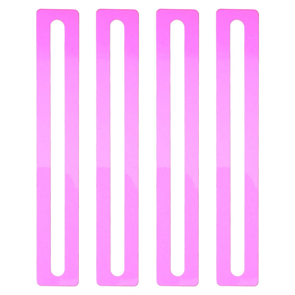 Four pink acrylic line finders standing side by side