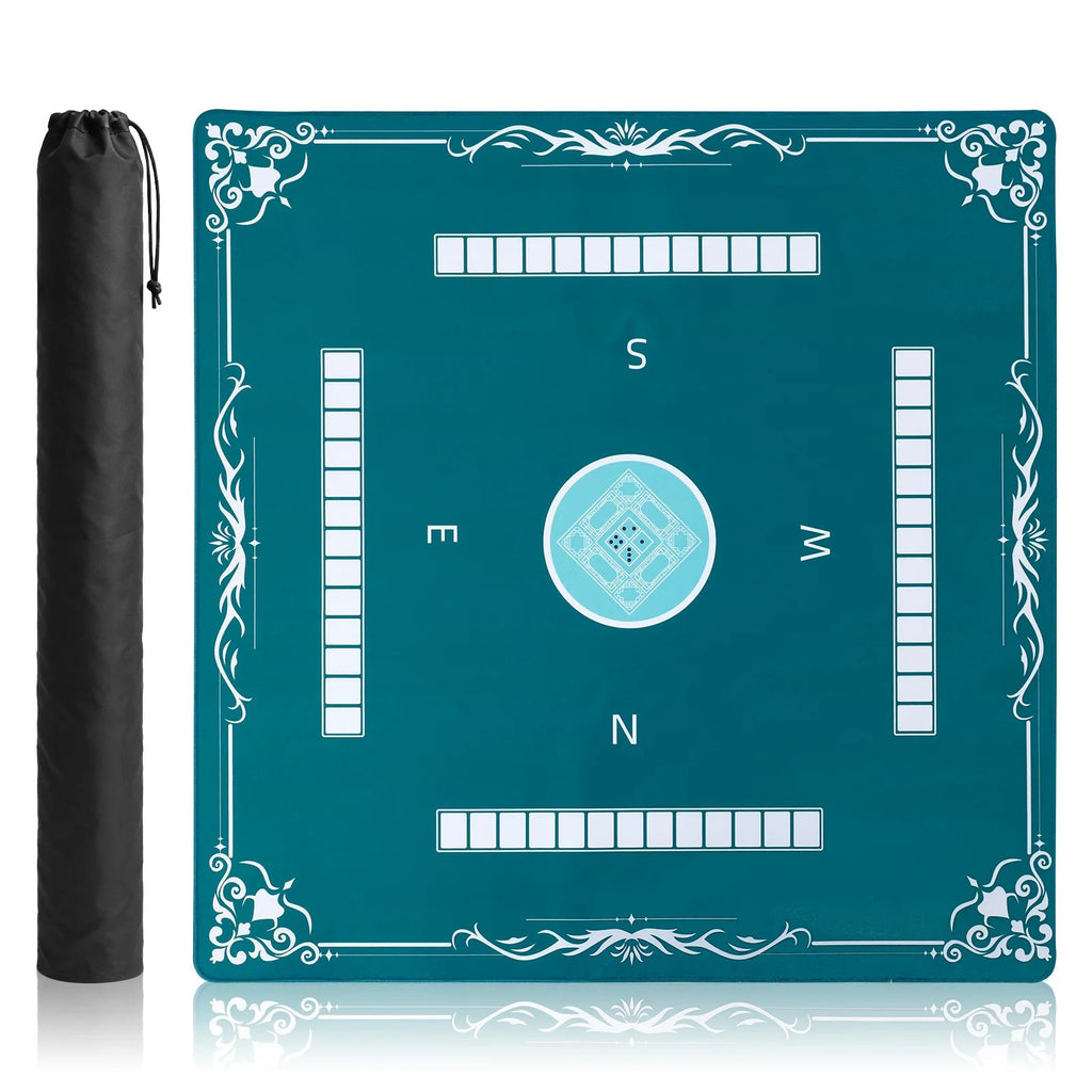 Teal square mahjong mat marked with the four winds, beside its black carry bag