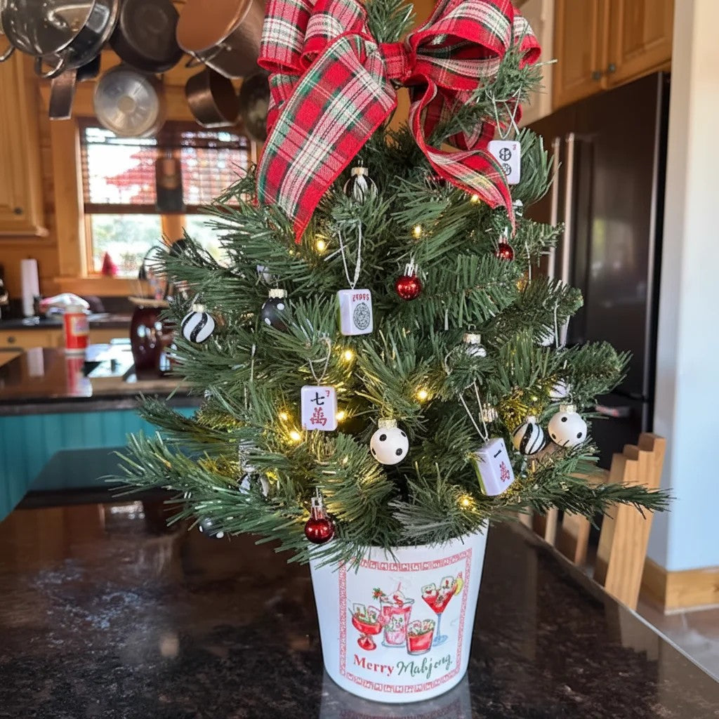 A small tree decorated with mahjong tile ornaments