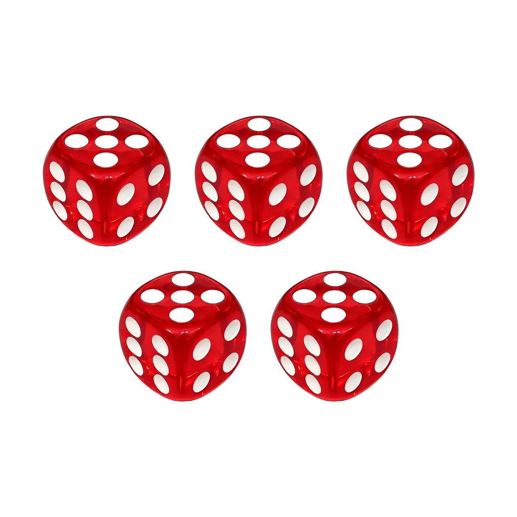 Five clear red dice with white pips