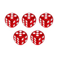 Five clear red dice with white pips