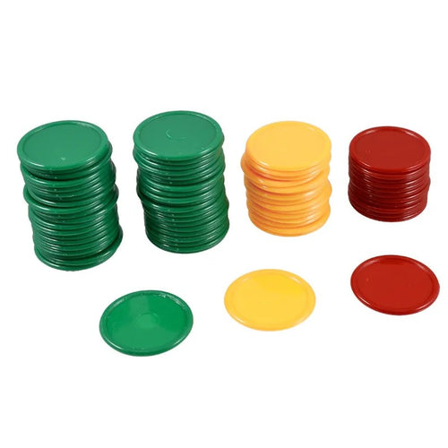 Stacks of green, yellow and red scoring chips