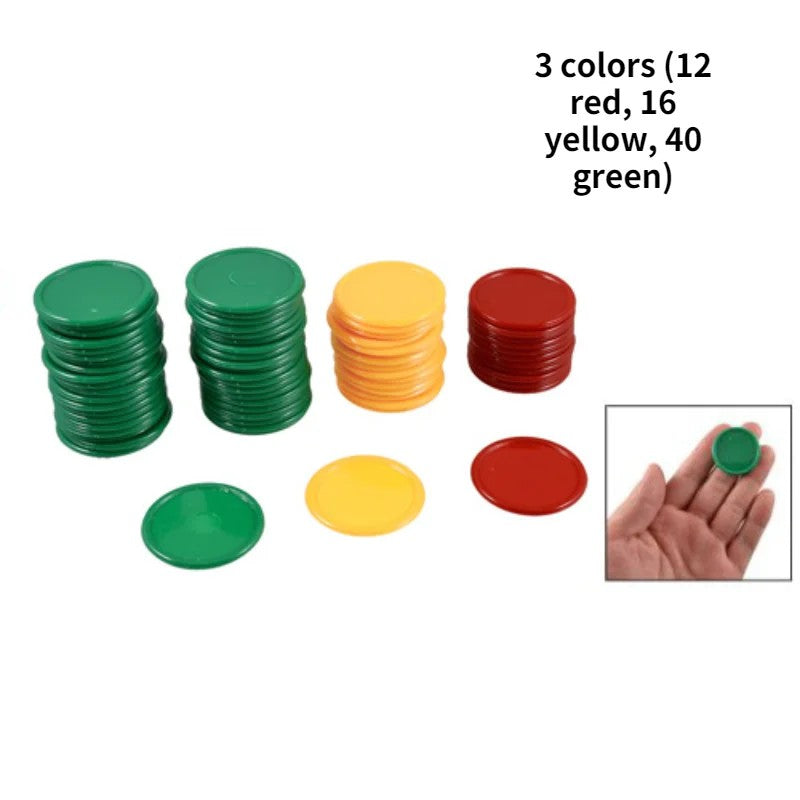 Scoring chips in three colors: 12 red, 16 yellow and 40 green