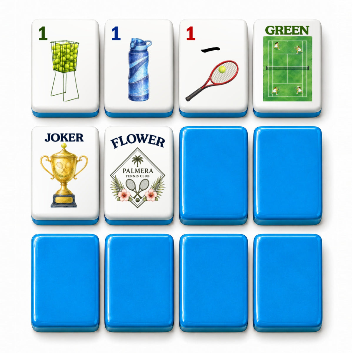 Tennis mahjong tile faces beside blue tile backs: 1 Bam, 1 Dot, 1 Crak, Green dragon, Joker and Flower