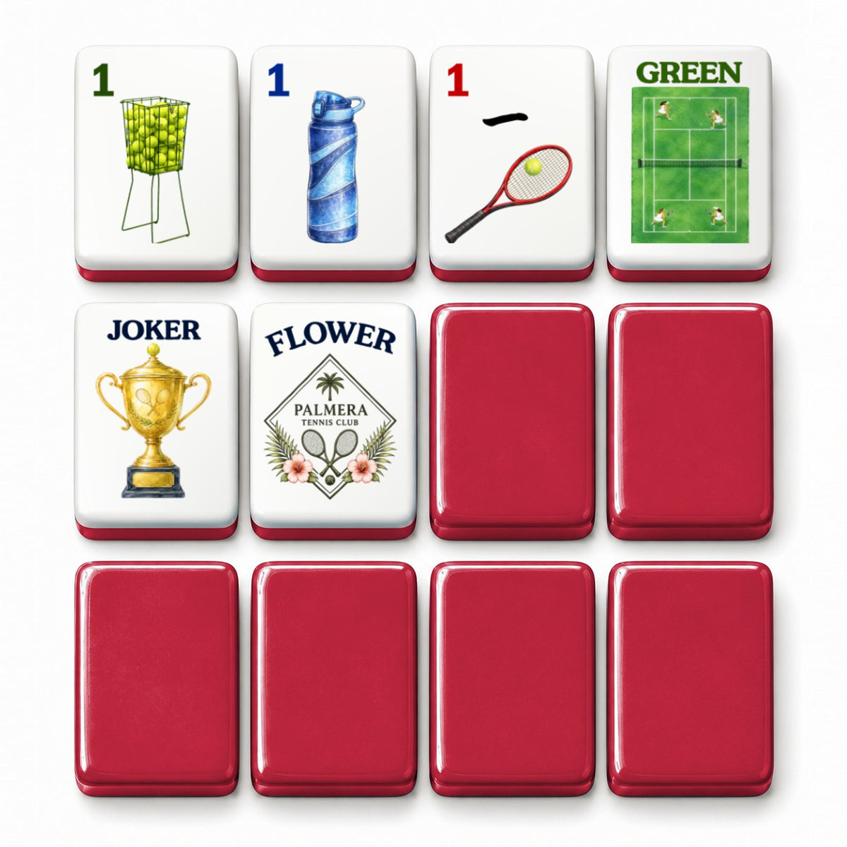Tennis mahjong tile faces beside deep red tile backs: 1 Bam, 1 Dot, 1 Crak, Green dragon, Joker and Flower