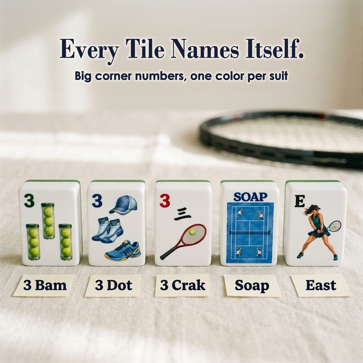 Tennis mahjong tiles with corner numbers: green 3 Bam, blue 3 Dot, red 3 Crak, blue court SOAP, player East wind