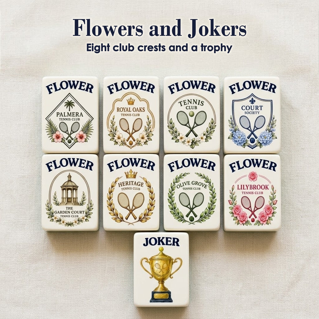 Eight different Flower tiles, each a tennis club crest with rackets, laurels or blooms, above one gold trophy Joker