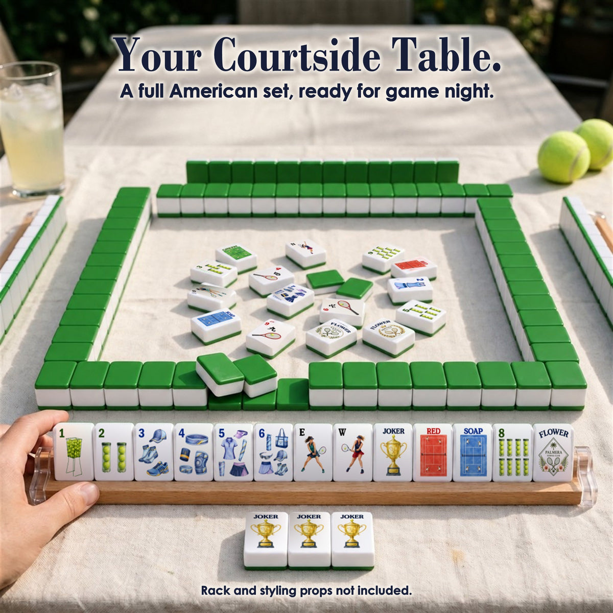 Tennis mahjong game courtside: green-backed tile walls, face-up tiles in the center, a rack of 13 tiles, three Jokers
