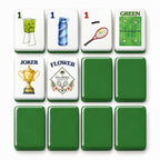 Tennis mahjong tile faces beside green tile backs: 1 Bam, 1 Dot, 1 Crak, Green dragon, Joker and Flower